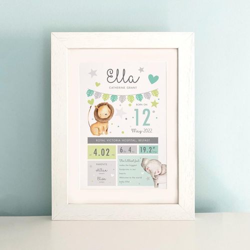 Newborn Personalised Elephant Print – Baby Girl Nursery Art, Christening Gift