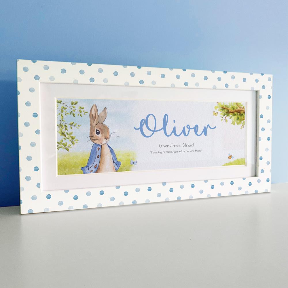 Personalised baby Christening gift by Frame My Name in a classic blue or pink rabbit design