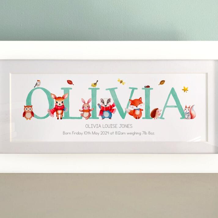 olivia mint woodland baby name frame