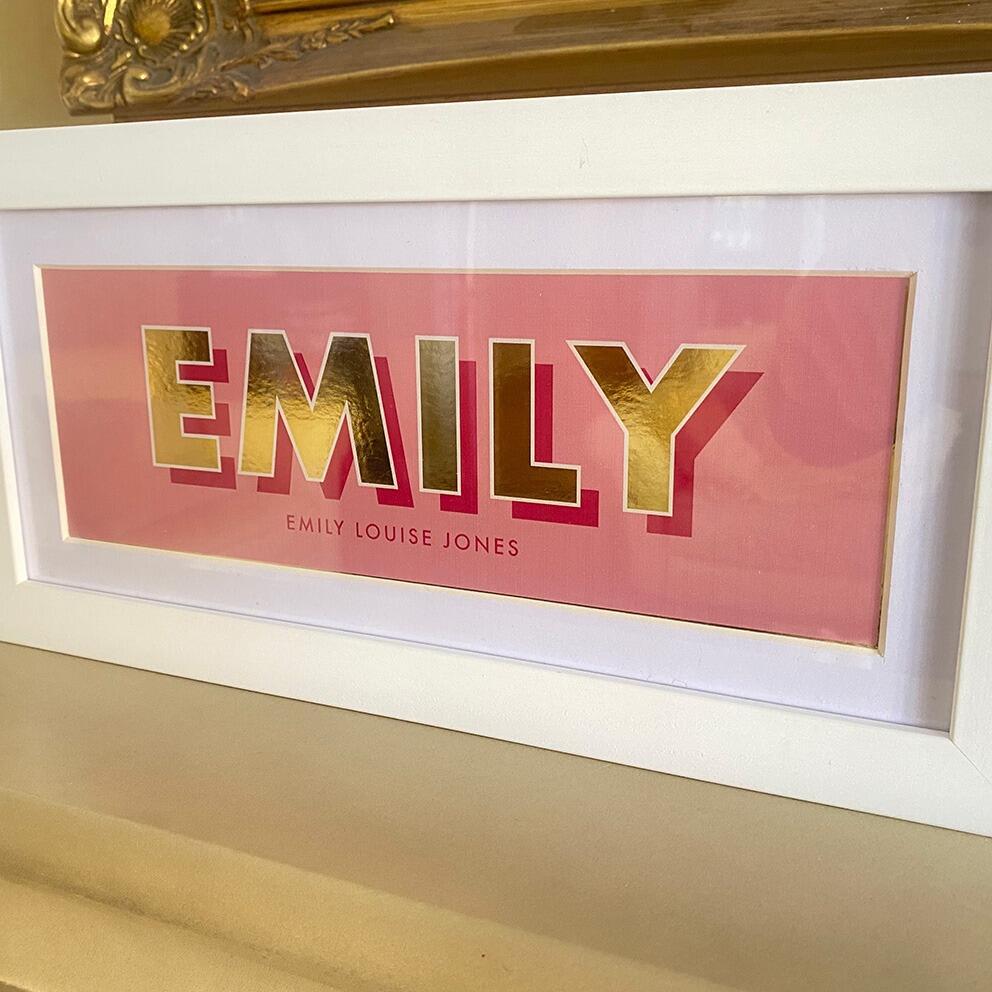 Modern foil name frame – choose gold or silver text. new home gift