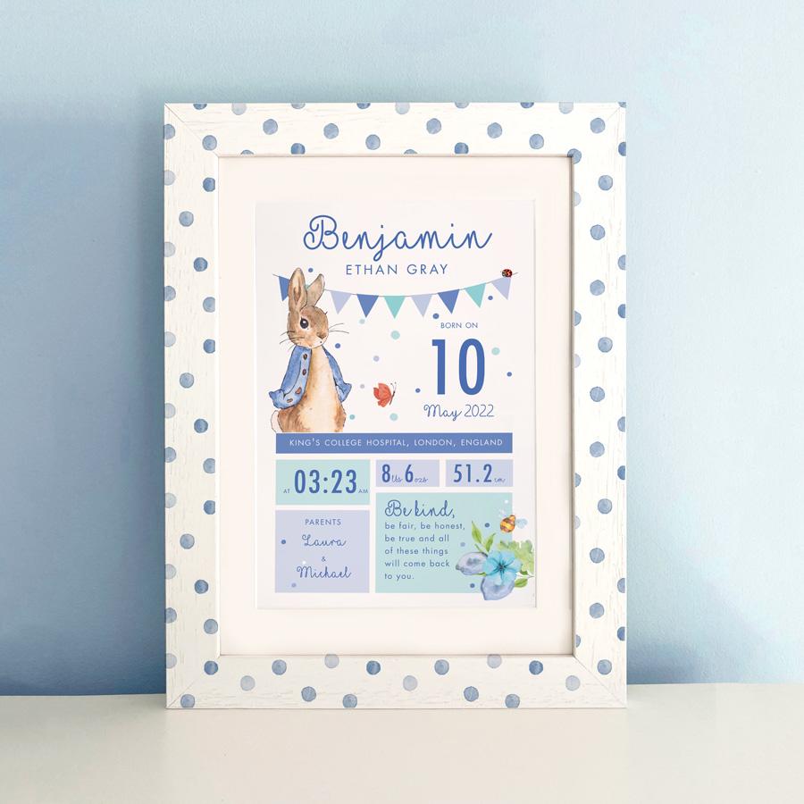 Baby Birth Details Frame - Classic blue rabbit Style | Supplied Framed | Personalised for your baby | New Baby Gift