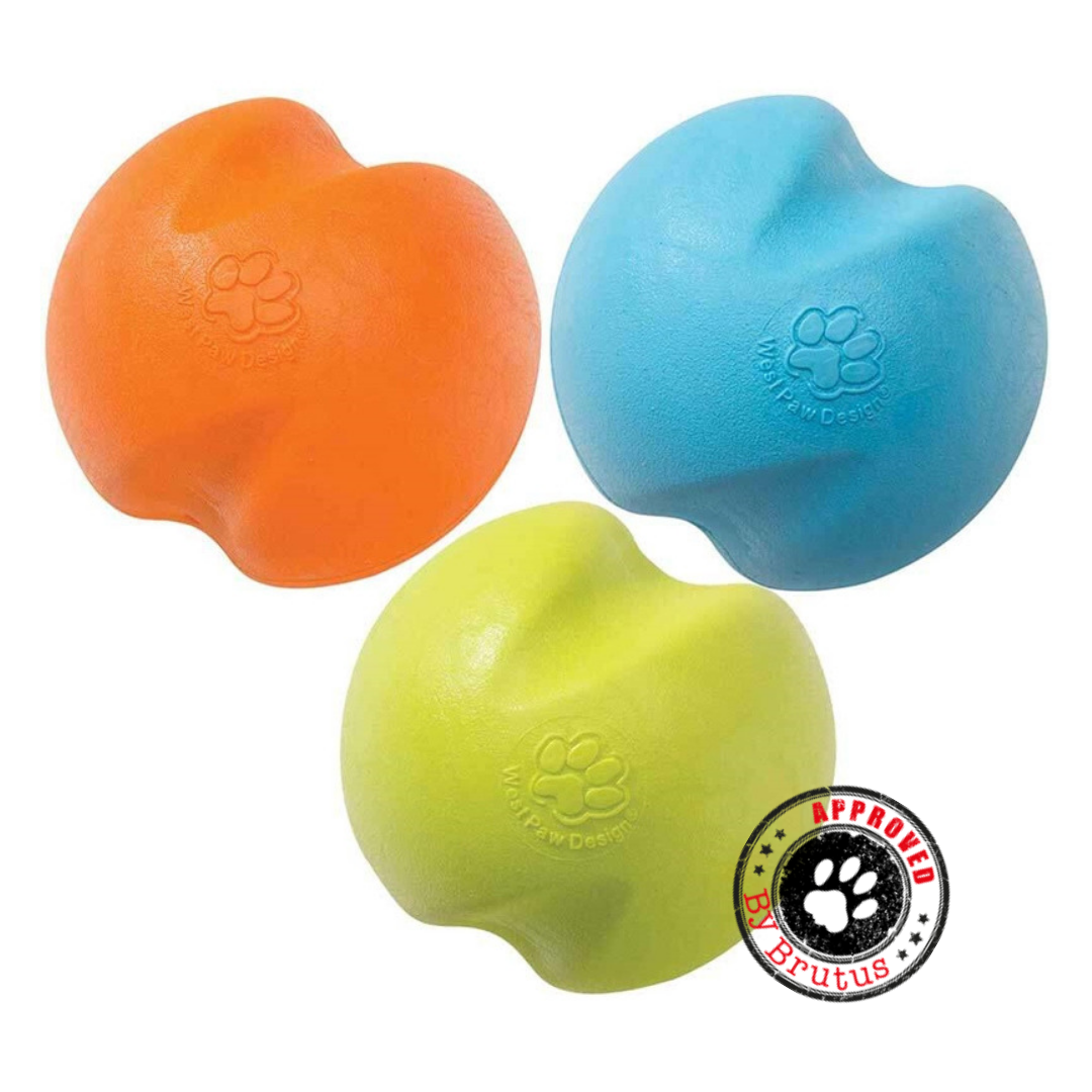 This is a a photo of three guaranteed dog toys for tough chewers.  It's a quirky ball with notches which make it bounce erratically.  The colours in the photo are orange, green, and blue.