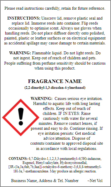 Diffuser warning usage instruction labels for car and other diffuser products 