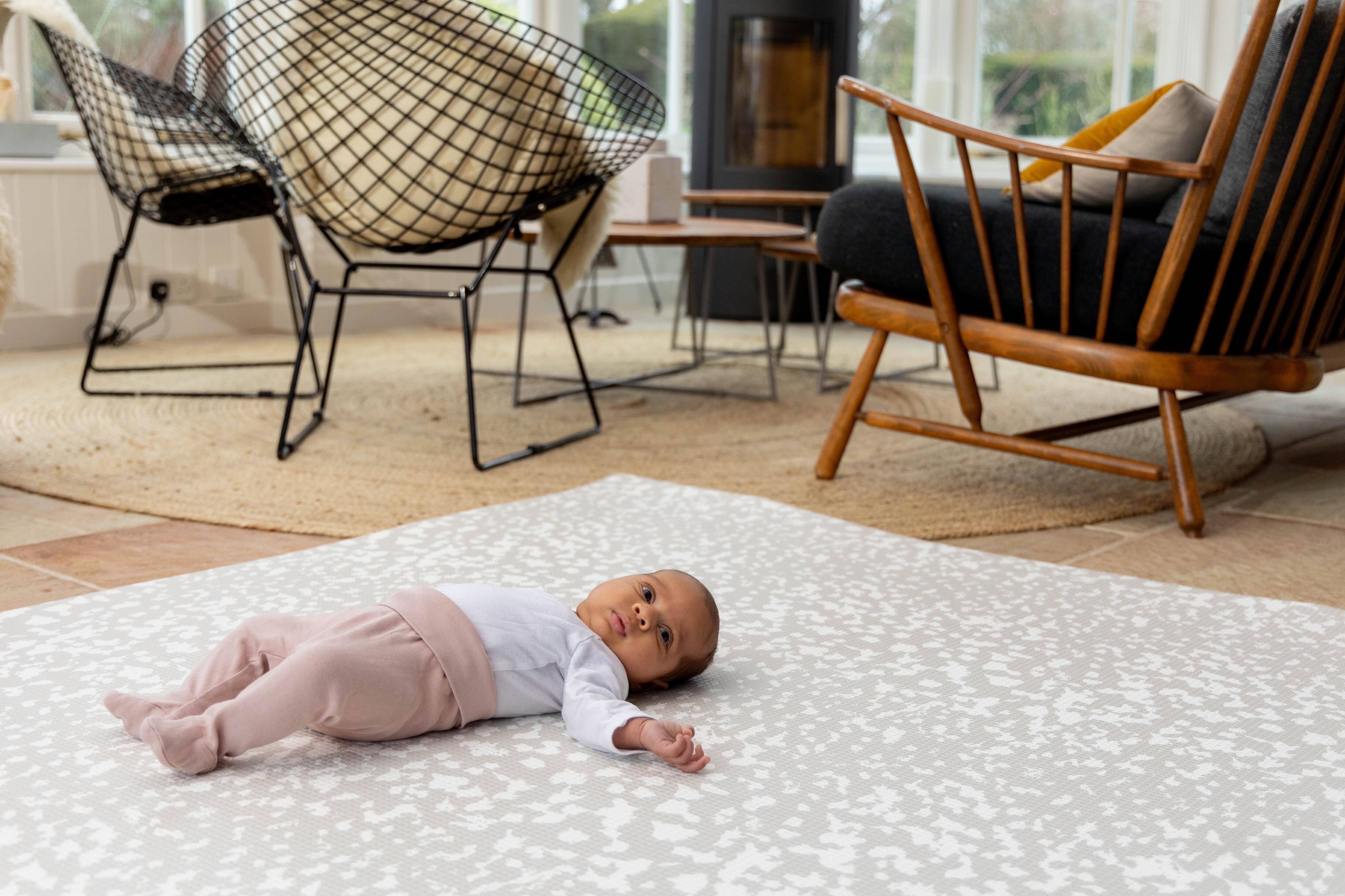 Reversible Speckled Kisses Luxury Greige baby playmat – premium non-toxic foam design for minimalist interiors by Little Fae