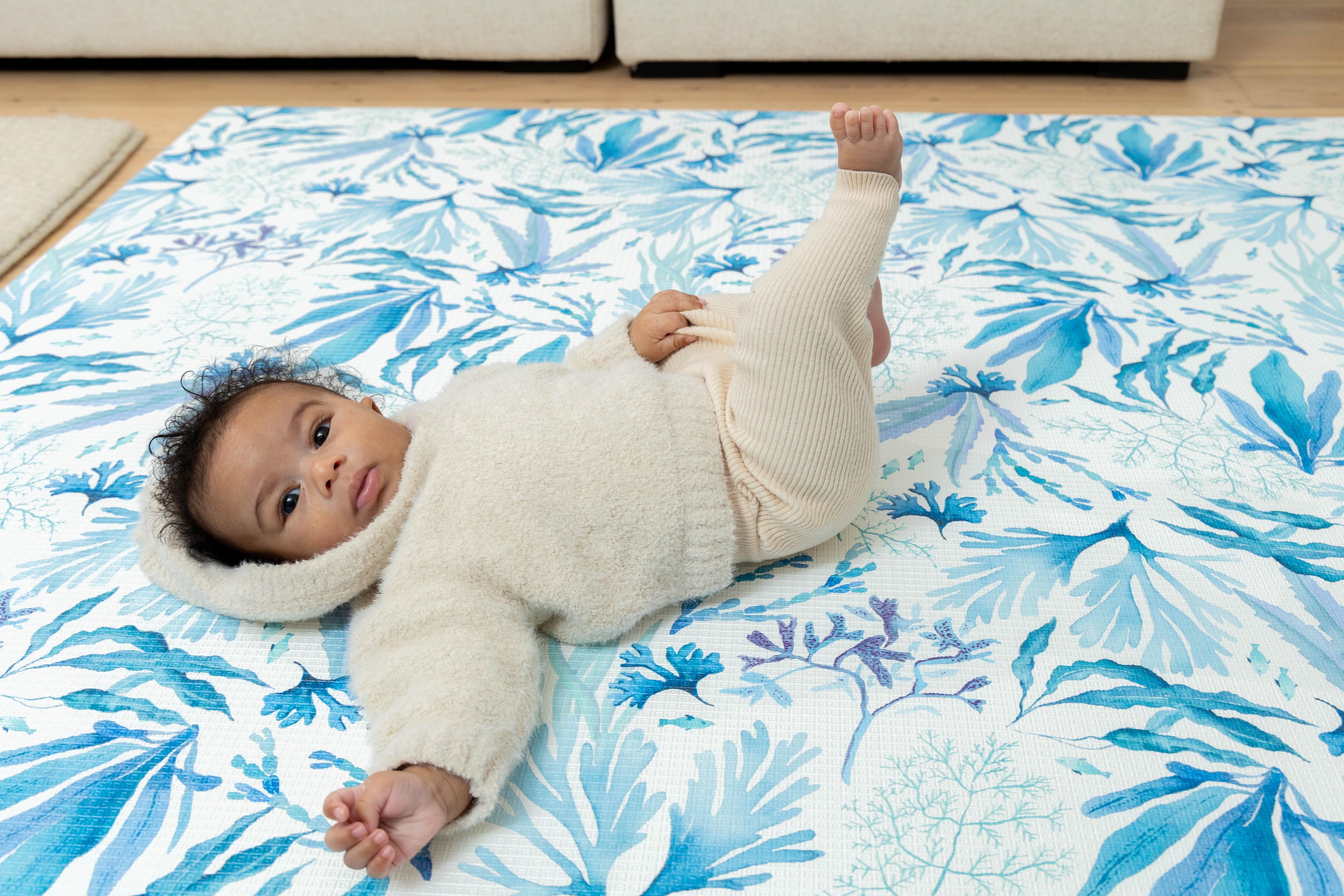 Kelp Forest reversible baby playmat in Blue – premium cushioned foam mat with subtle wave-inspired pattern