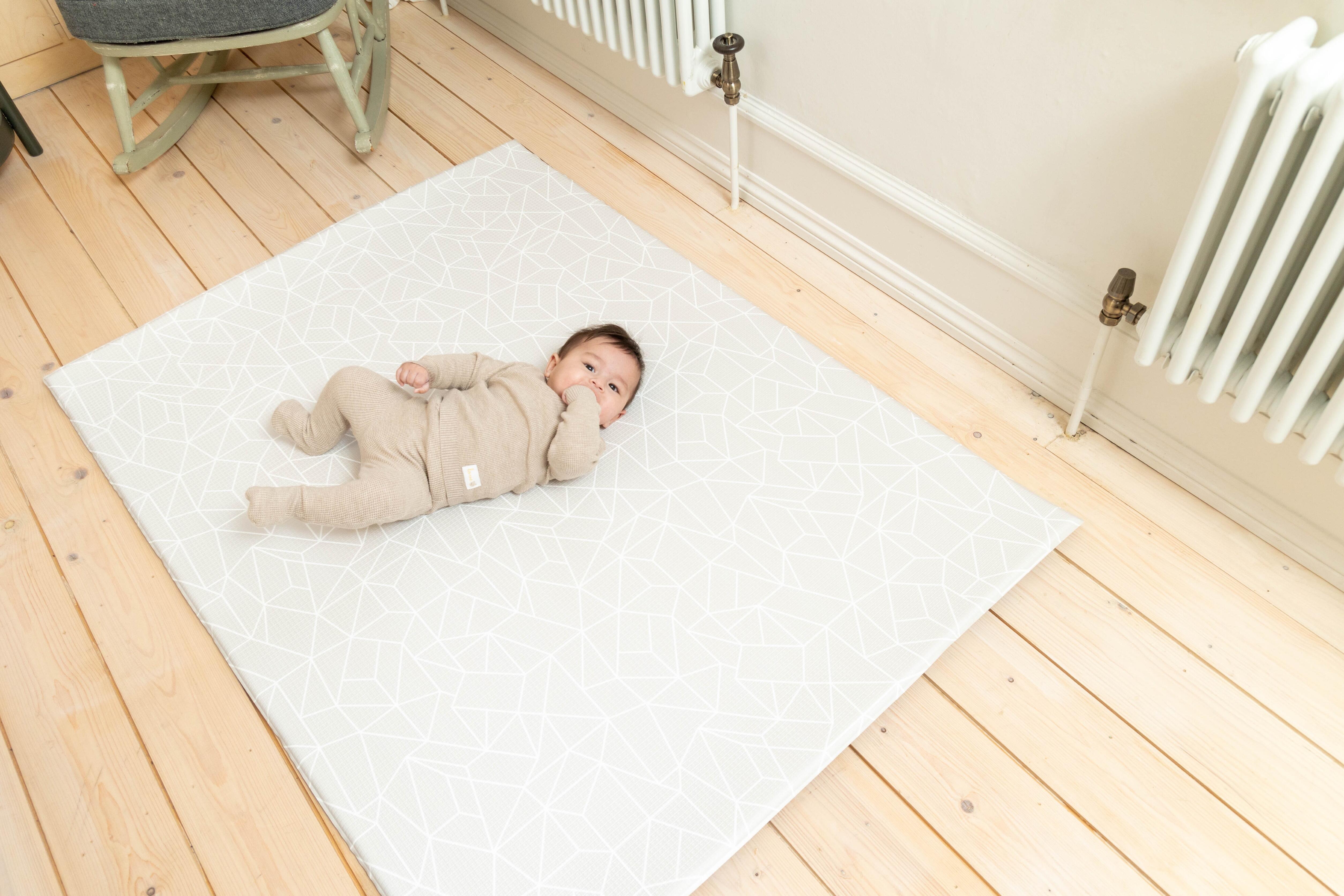 Reversible Greige baby playmat – Nordic Explorer design providing comfort, safety and neutral style by Little Fae