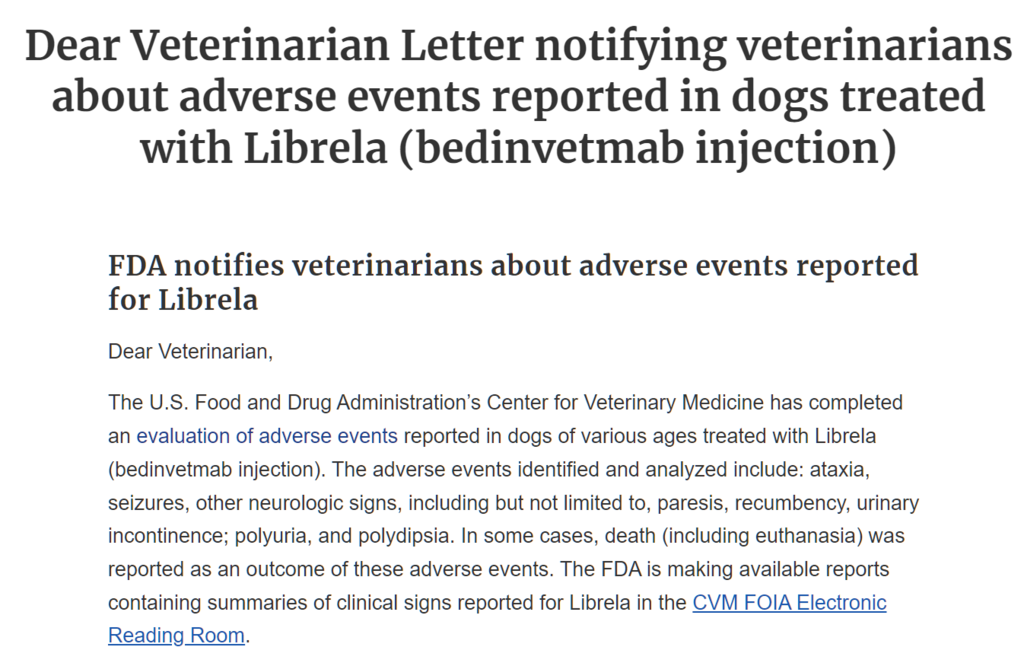 FDA to vets - adverse events associated with Librela