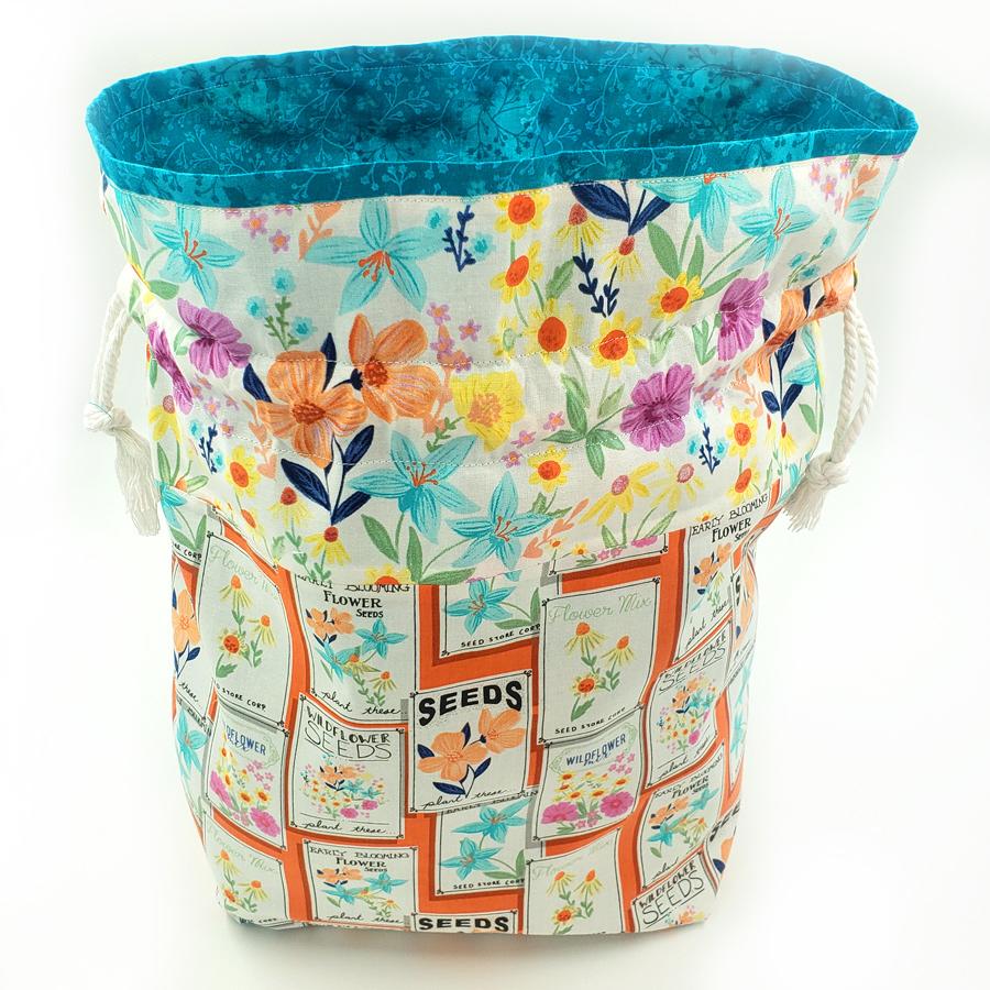 flowers drawstring bag, floral drawstring bag, seed packets fabric, floral fabric bag, patchwork floral bag