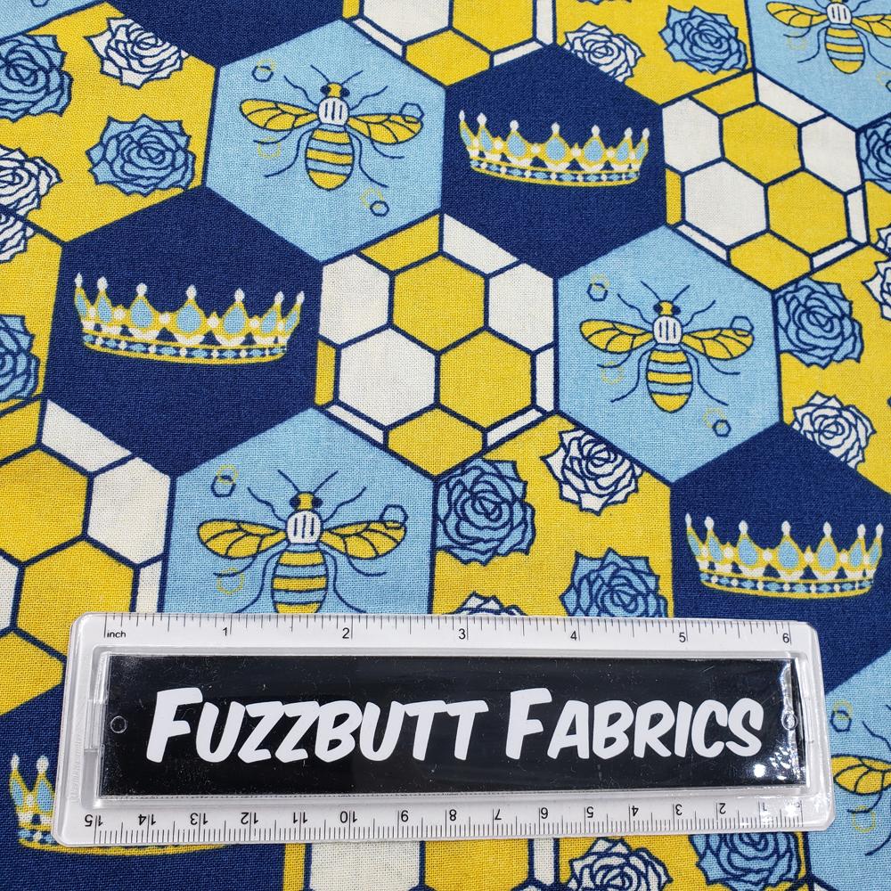 bees,jelly,honey,bumble,flowers,crown,royal,blue,yellow,fat quarters,cotton,pollinators,bugs,insects