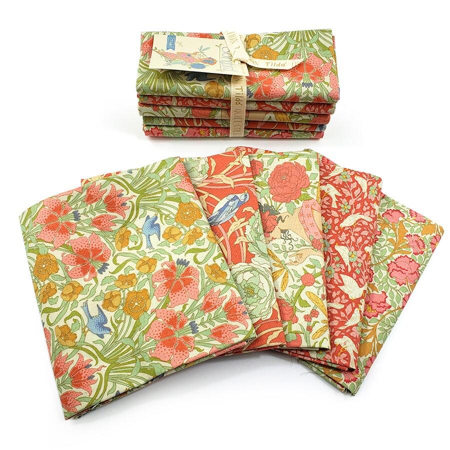 tilda fat quarters, songbird, floral, birds, art noveau fabric, elegance, coral, yellow, green, blue