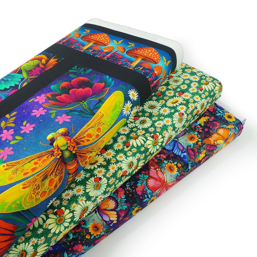 blank quilting, luminous haven, dragonflies, bees, flowers, fabric panel, bright colours, hummingbirds, bees