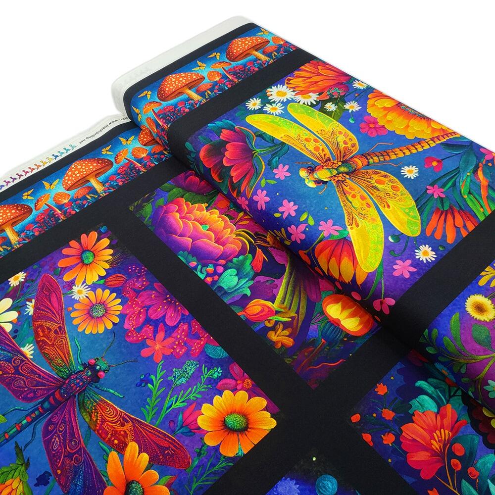 blank quilting, luminous haven, dragonflies, bees, flowers, fabric panel, bright colours, hummingbirds, bees