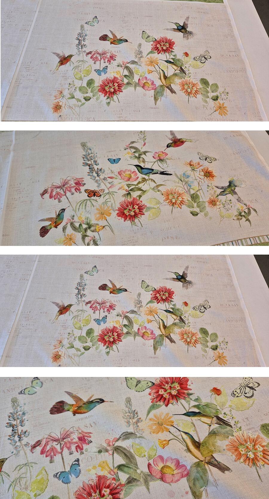 Katie Pertiet, hummingbird days, watercolour flowers, butterflies, hummingbirds 1005 cotton, placemats fabric, easy sew placemats