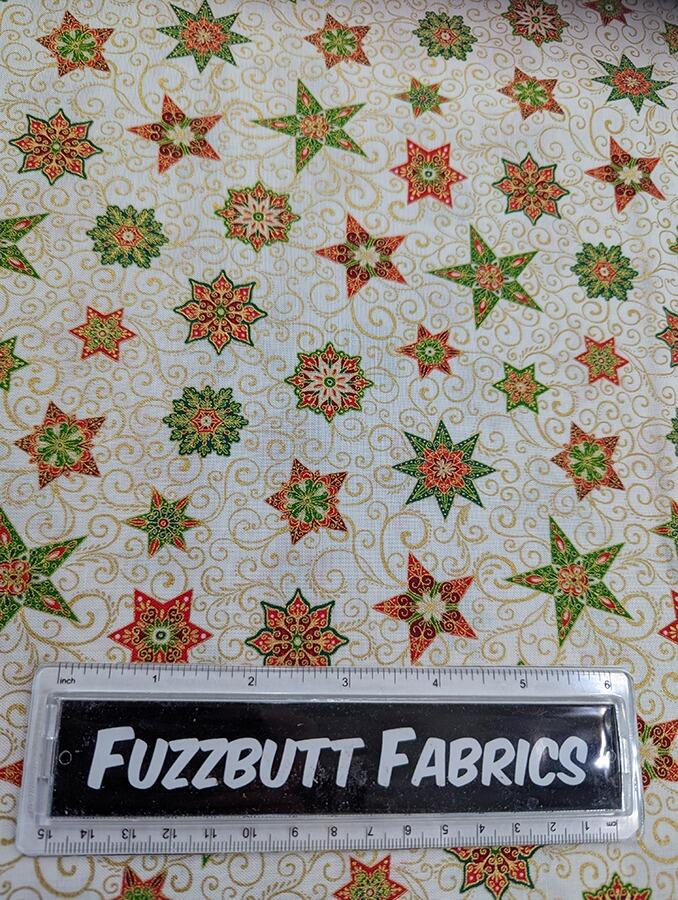Makower Adorn, a traditional style Christmas fabric featuring gold metallic highlights.