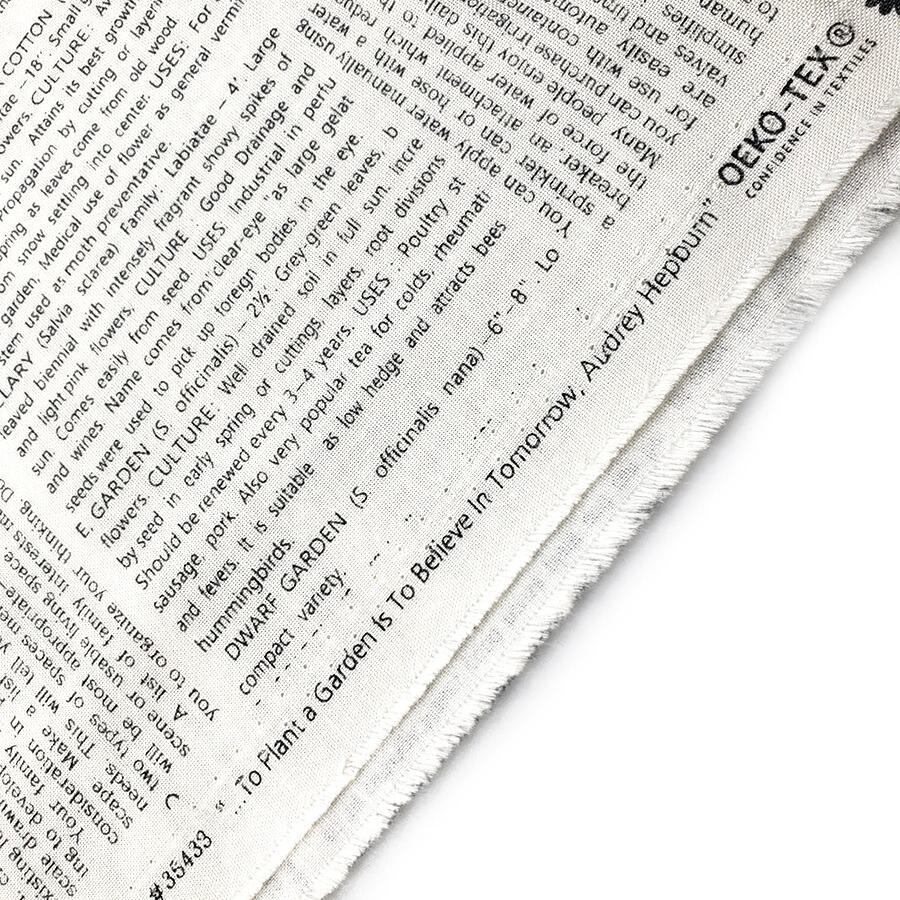 Summer's End, gardening text fabric, plants, herbs, book fabric, junk journal text fabric, slow stitch