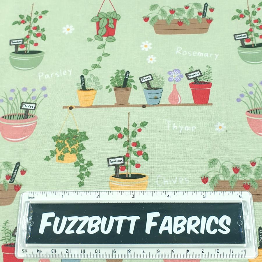 in the garden fabric, gardening fabric, plants fabric, bees fabric, flowers fabric, herbs fabric