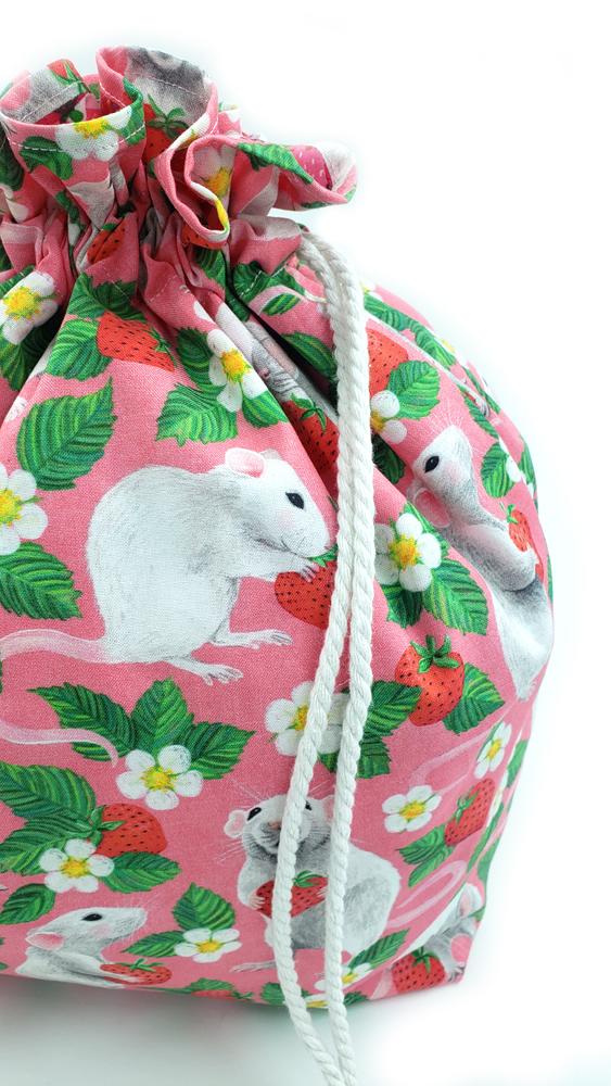 Rats & strawberries drawstring bag, crochet bag, craft bag, handmade drawstring bag, pet rats drawstring bag