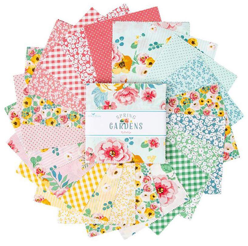 charm pack,stacker,riley blake, spring gardens,flowers,roses,floral fabric,patchwork squares,precut squares