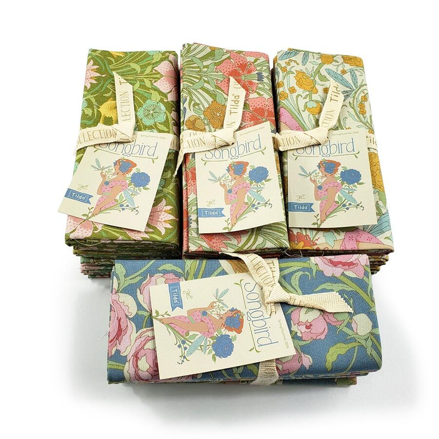 tilda fat quarters, songbird, floral, birds, art noveau fabric, elegance, coral, yellow, green, blue