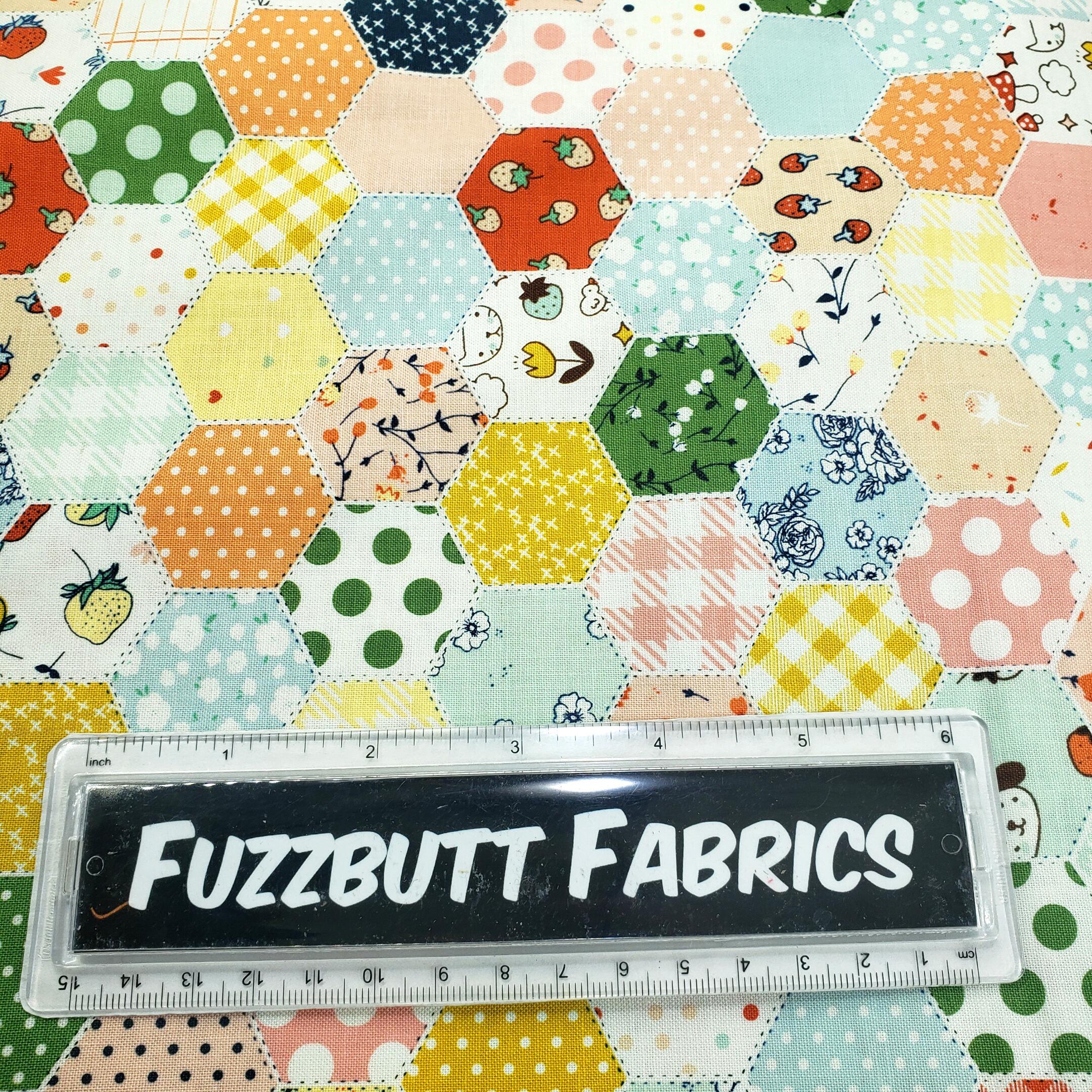 fake patchwork print, cheater print, riley blake, minki kim, serendipity, hexie quilt, easy patchwork fabric