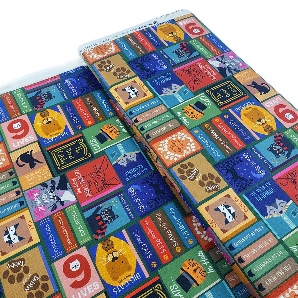 Lewis & Irene fabric, purrrfect book club, bookshelf fabric, cats and books