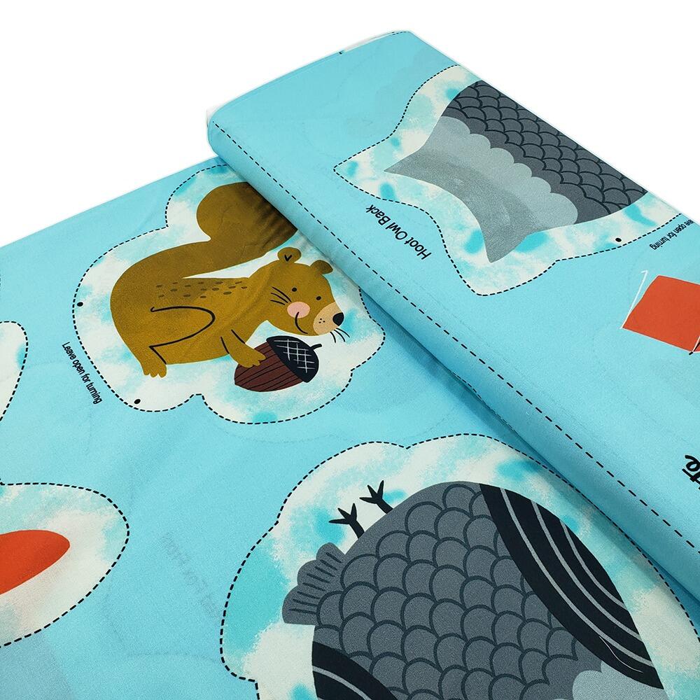 Let's camp playmat panel, cut & sew soft toys, forest animal toys, camping fabric, deer and mountains, Cynthia Frenette