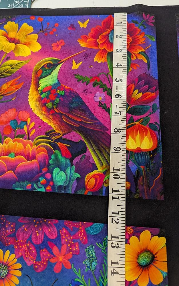 blank quilting, luminous haven, dragonflies, bees, flowers, fabric panel, bright colours, hummingbirds, bees