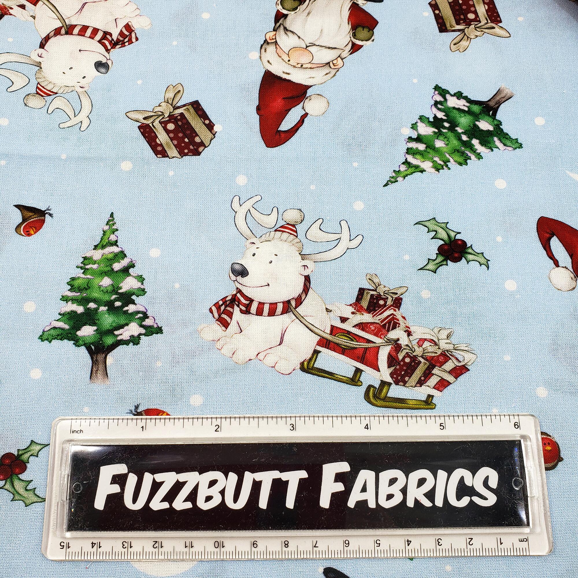 christmas fabric,fat quarter,gnomes,cotton,red,snow,festive,snowflakes,santa,norfolk fabric