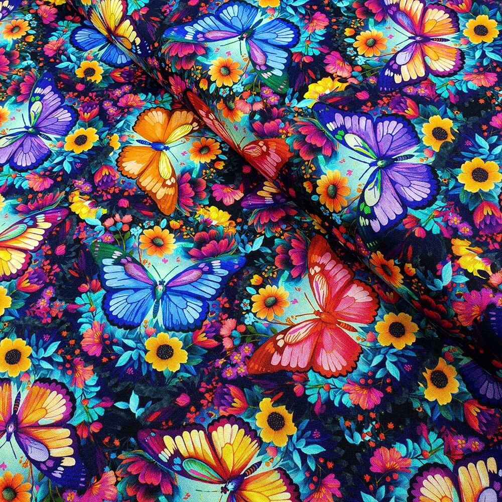 blank quilting, luminous haven, dragonflies, bees, flowers, fabric panel, bright colours, hummingbirds, bees