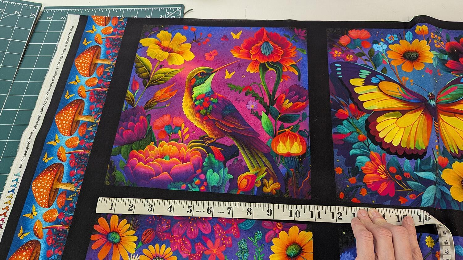 blank quilting, luminous haven, dragonflies, bees, flowers, fabric panel, bright colours, hummingbirds, bees