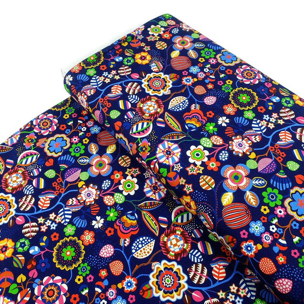Primavera, Sholto Drumlanrig, pen & Ink fabric, tree flower, ecru, navy, colourful floral fabric