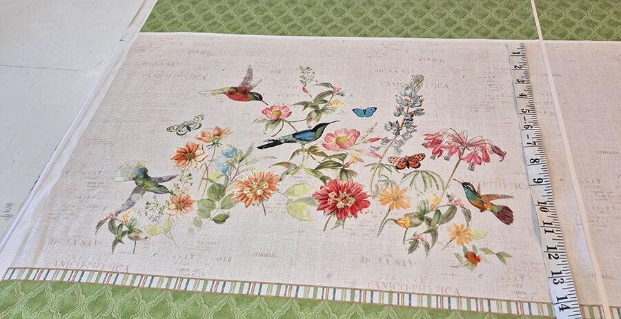 Katie Pertiet, hummingbird days, watercolour flowers, butterflies, hummingbirds 1005 cotton, placemats fabric, easy sew placemats