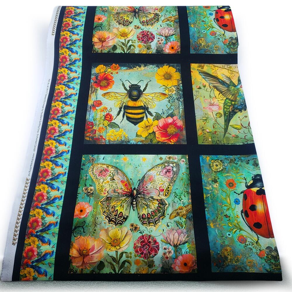 Enchanted Canopy Fabric, JK Stewart, Blank Quilting, ladybirds, butterflies, hummingbirds, vivid floral fabric