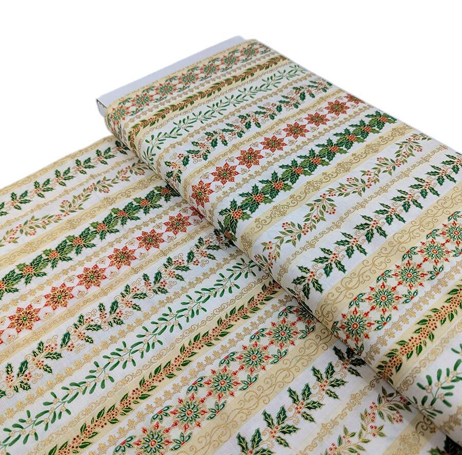 Makower Adorn, a traditional style Christmas fabric featuring gold metallic highlights.