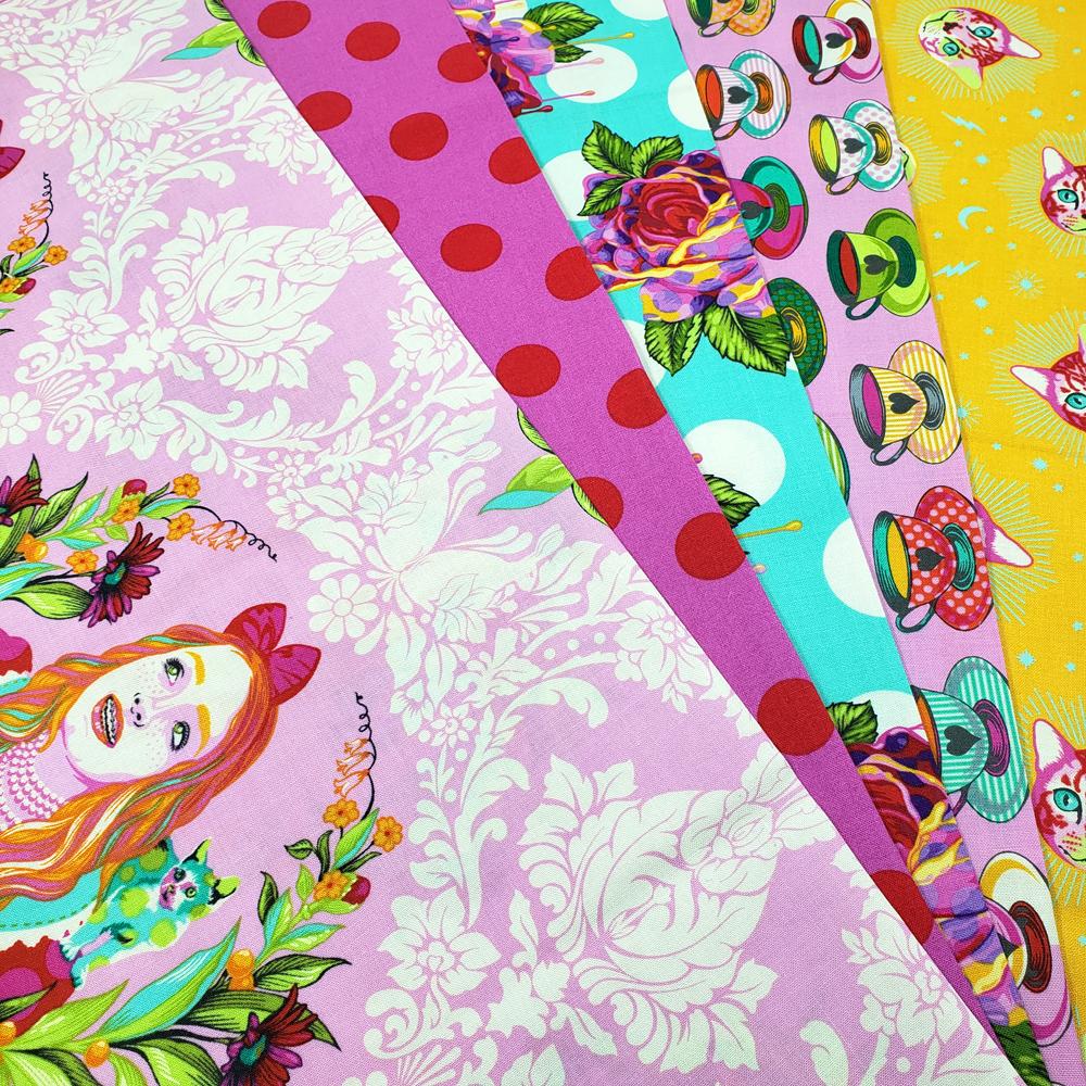 tula pink fat quarters, alice in wonderland, cats, pink,polka,fantasty,roses,turquoise,mad hatter,queen of hearts