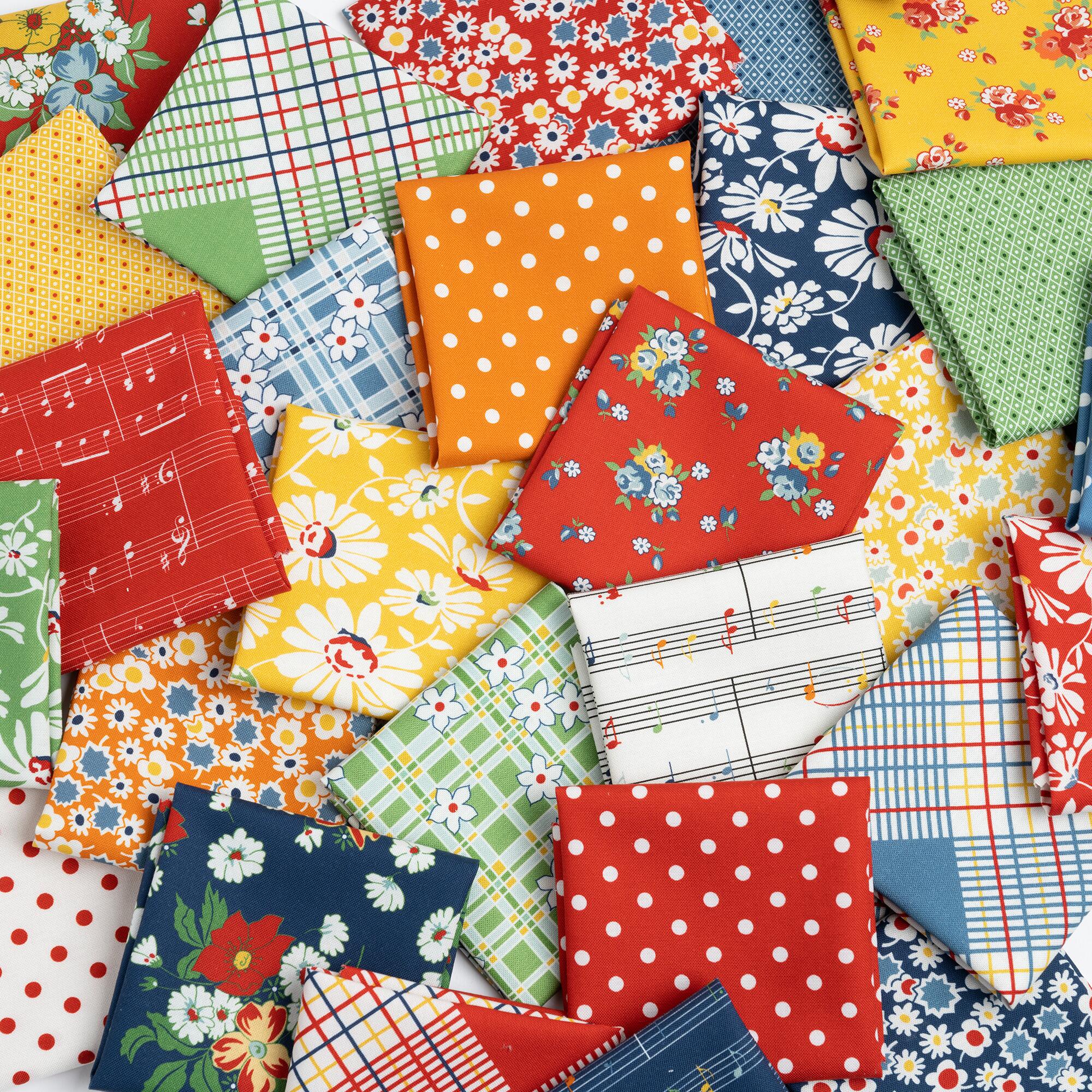 moda, sweet melodies,american jane,patchwork squares,precuts,vintage patchwork,flowers,music,nursery,retro,baby quilt, red,music,polka,stripes,spots,blue