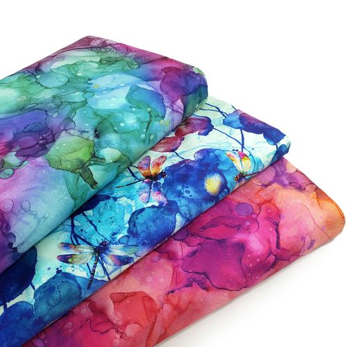 northcott,dragonfly dance,fluidity,Deborah Edwards,Melanie Samra,watercolour,vivid,bright,painting,dragonflies,100% cotton,fabric