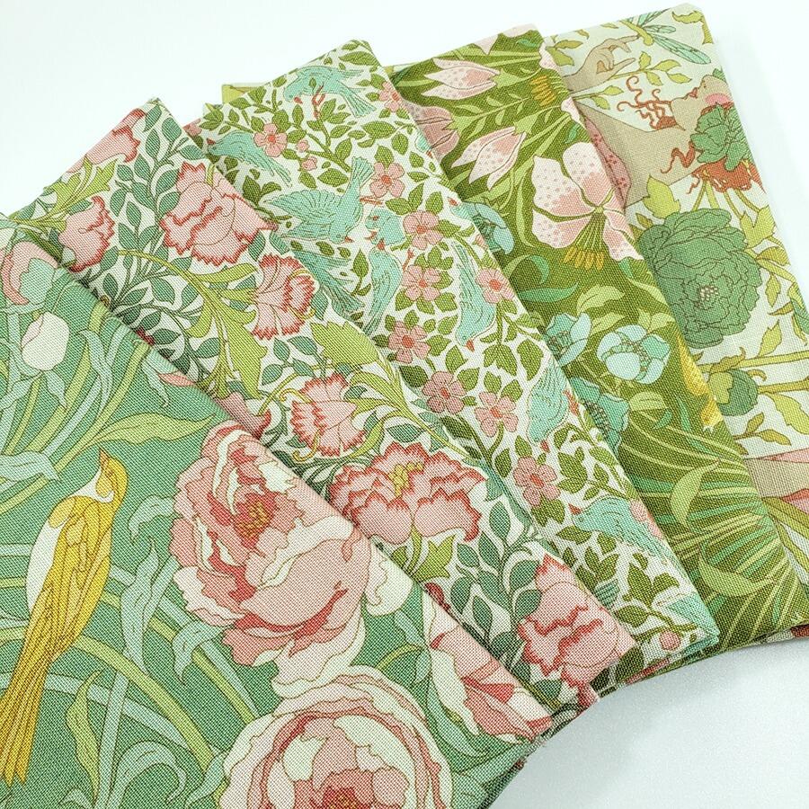 tilda fat quarters, songbird, floral, birds, art noveau fabric, elegance, coral, yellow, green, blue