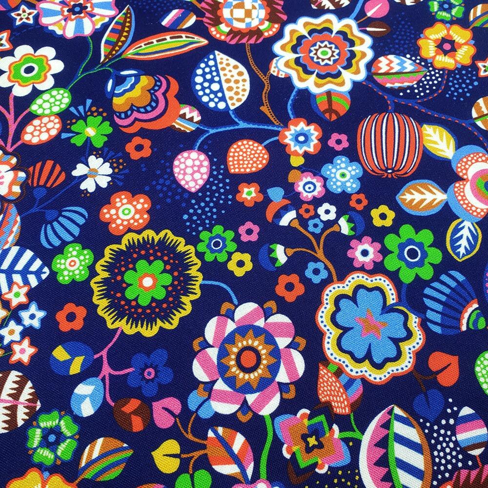Primavera, Sholto Drumlanrig, pen & Ink fabric, tree flower, ecru, navy, colourful floral fabric