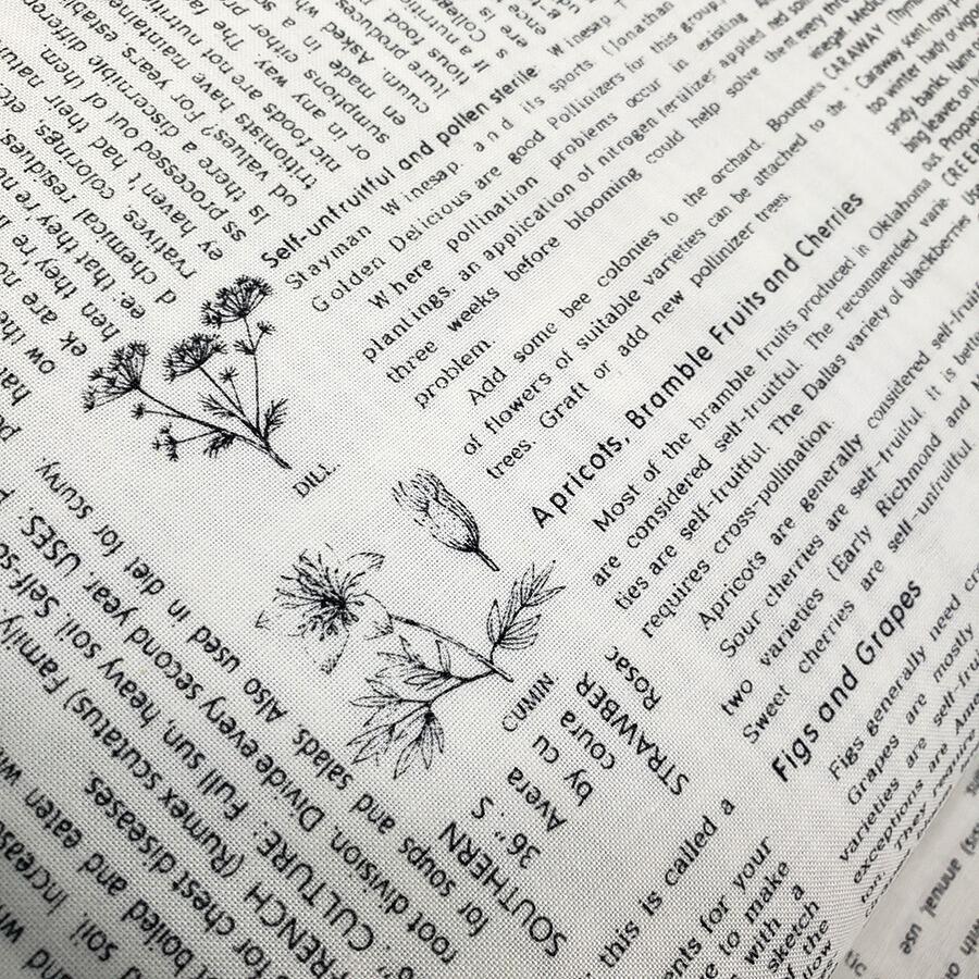 Summer's End, gardening text fabric, plants, herbs, book fabric, junk journal text fabric, slow stitch