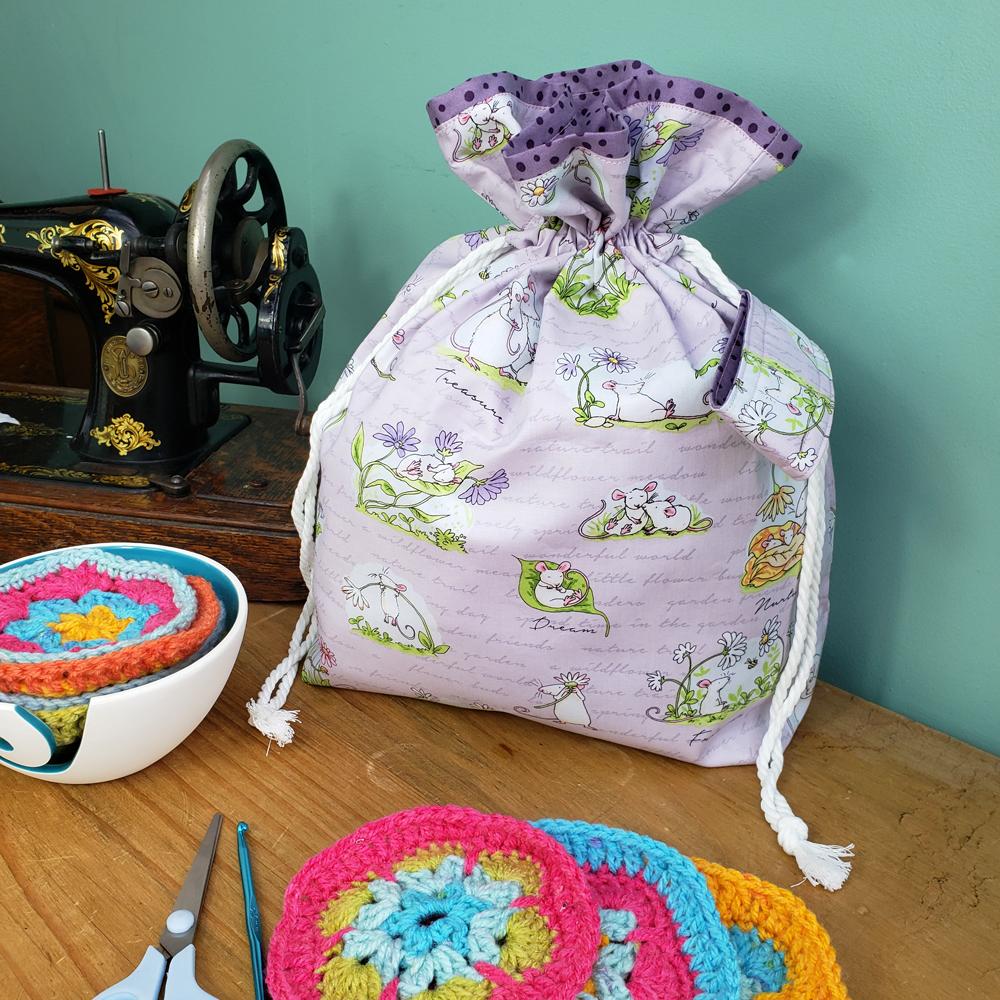 drawstring bag,anita jeram, daisy,mice,cute,flowers,yellow,blue,lilac