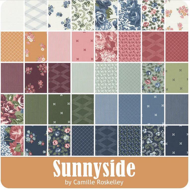 moda, sunnyside,camille,roskelley, layer cake, cotton squares,quilting squares,precut squares,blue,floral,flowers,kitsch,vintage,granny,patchwork squares