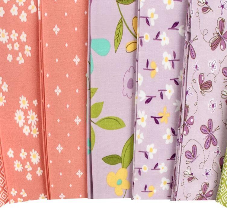 riley blake stacker,charm pack,floral,plaids,pastel,flowers,spring,baby quilt,green,yellow,lilac,purple