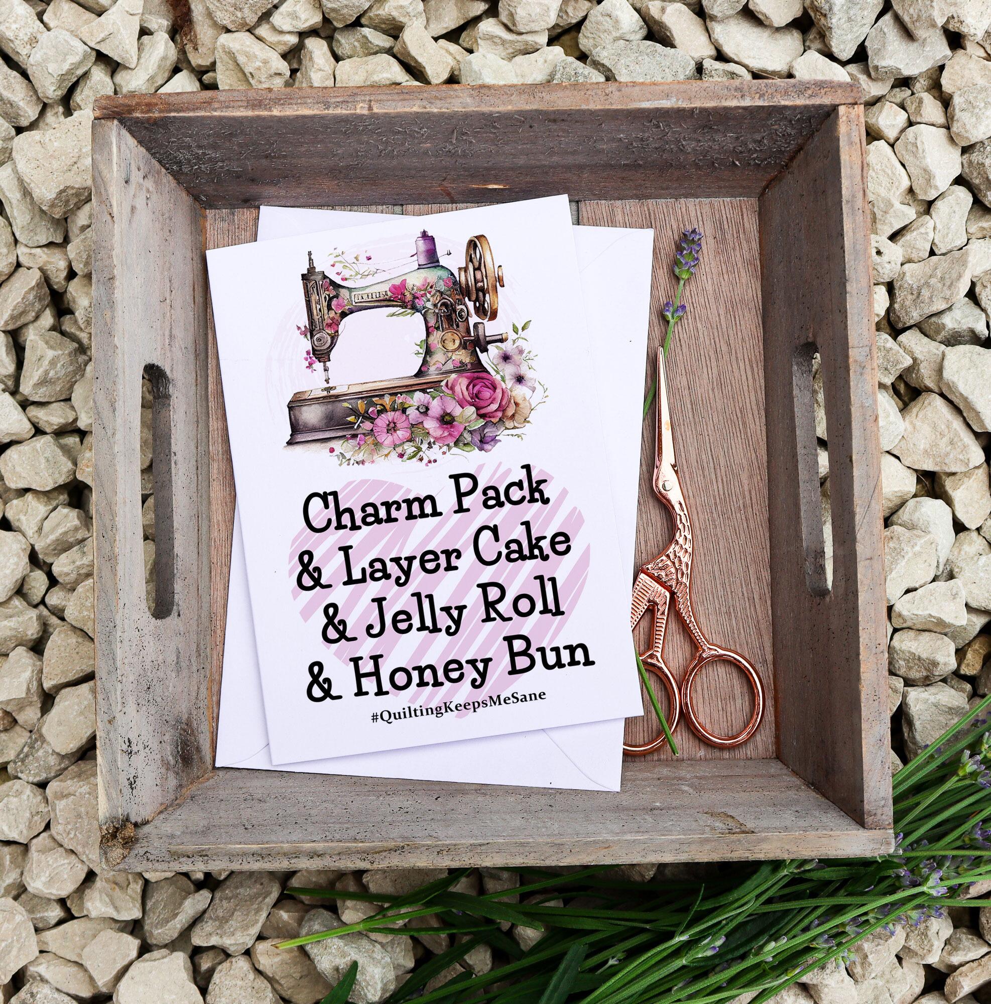 charm pack, layer cake, quilting themed birthday card, quilting card, greetings card, uk sewing birthday cards, sewing themed card, quilting themed card