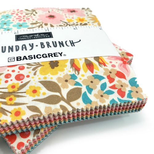 Moda, sunday brunch, flowers, swirls, modern, colourful, al fresco, basicgrey, yellow, blue, green, modern, fabric squares,charm pack, quilting squares, patchwork, easy quilt