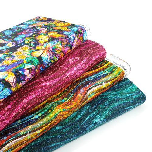 gigi in the garden, bubbles, swirls, vivid, butterfly fabric, bright colours, peggy collins, camelot fabrics