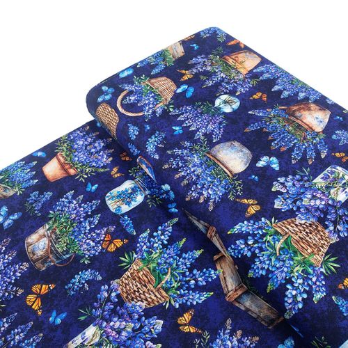 QT fabrics, lupins, blue floral fabric, butterfly fabric, garden florals