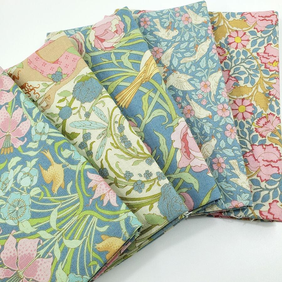 tilda fat quarters, songbird, floral, birds, art noveau fabric, elegance, coral, yellow, green, blue