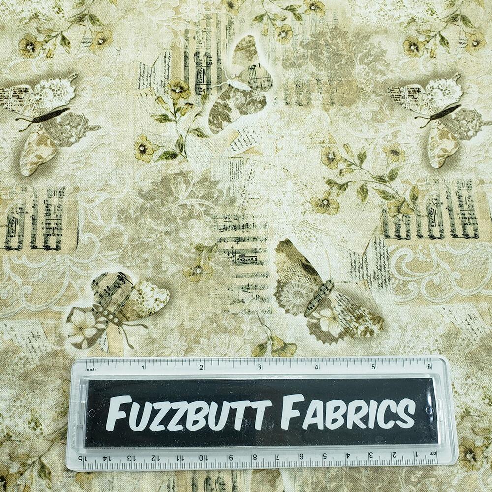 blank quilting, modern lace, butterflies, vintage writing, vintage lace, junk journal fabric, slow stitch, cotton vintage style fabric, uk