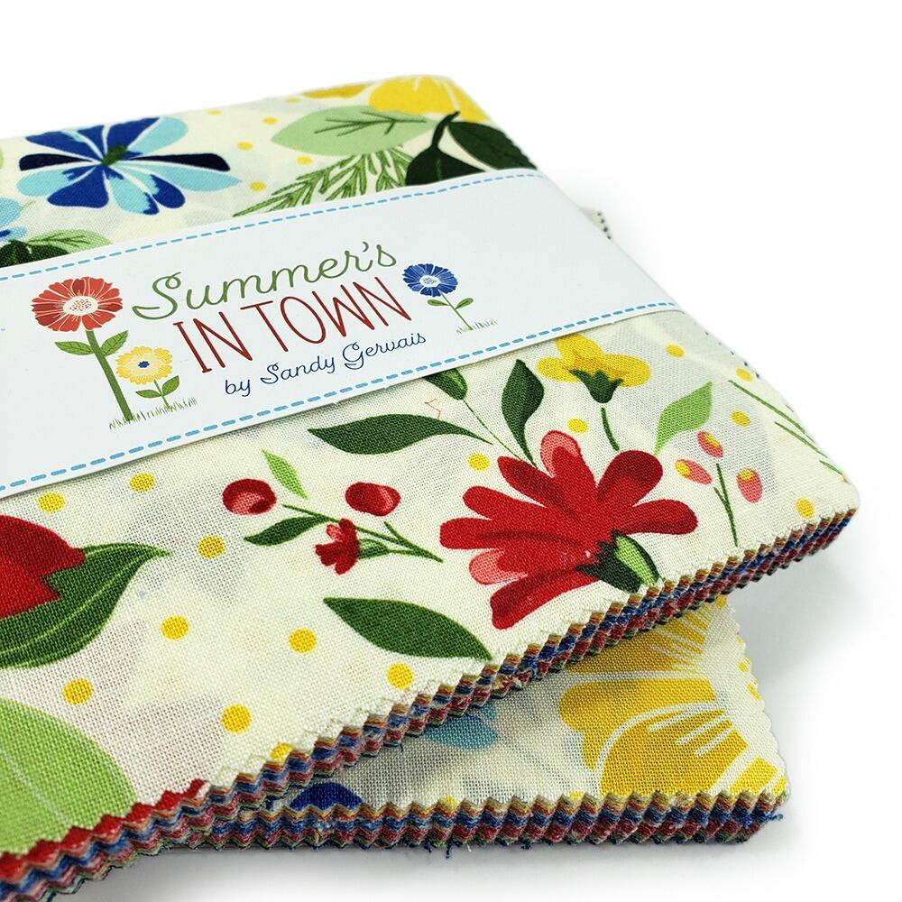 riley blake charm pack, sandy gervais, summer's in town, easy patchwork fabric, retro prints, primary colours, 5 inch squares